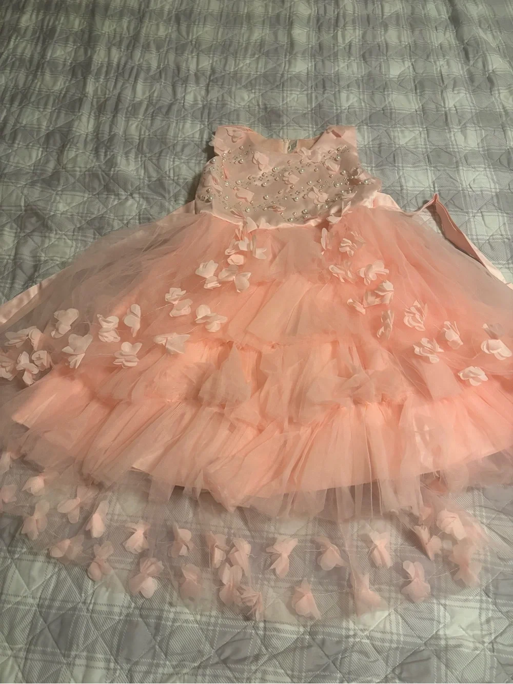 Peach Floral Appliqué Tulle Dress for Girls